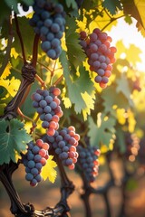 Sun-drenched grape vine with green leaves and bunches of grapes captured in macro to highlight natural textures and light