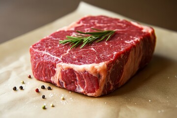 Fototapeta premium Fresh cut of raw ribeye steak seasoned with rosemary and spices, ready for grilling