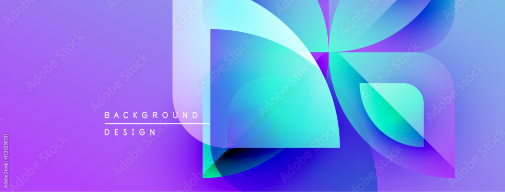 Poster Abstract purple background features overlapping geometric shapes. Gradient colors create dynamic visual effect. Modern design element.