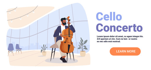 Fototapeta premium Cellist performing concert modern interior audience plants stage large windows elegant setting chairs soft colors website banner