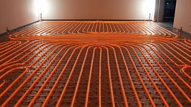 Floor heating system installation with orange pipes placed on concrete  