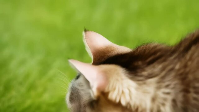 Tabby cat dining leisurely on wet food, situated within lush green garden setting, capturing feline mealtime moment with serene outdoor backdrop