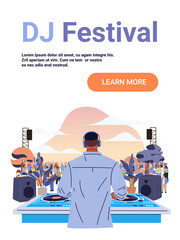 DJ performing outdoor music festival crowd stage sunset modern flat design event banner