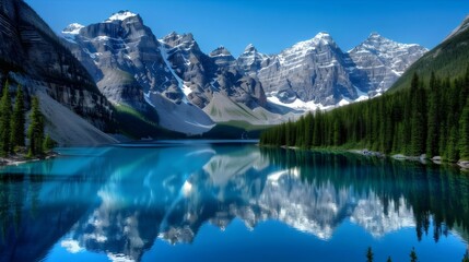 Fototapeta premium Turquoise lake mirroring snowcapped mountains and evergreen forest under a clear blue sky