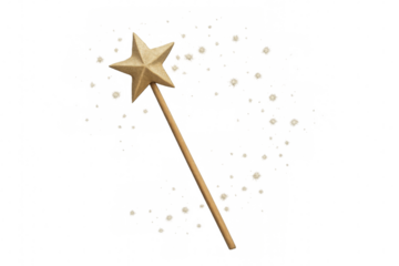 Glowing golden magic wand casting sparkling star-tipped dust trail, floating against transparent backdrop, enchanting magical design element