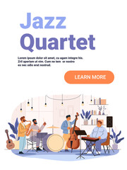 Jazz quartet band performing music together in cozy modern room with instruments plants bookshelves warm lighting website banner
