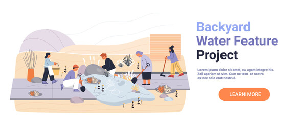 Obraz premium Backyard water feature project people gardening landscaping pond plants teamwork outdoor nature modern flat design website banner