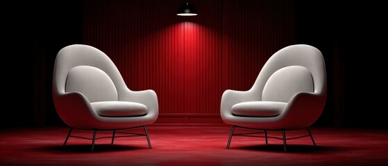 Podcast concept, A modern living space featuring two stylish white chairs against a dramatic red backdrop. Perfect for interior design concepts focused on comfort and aesthetics.