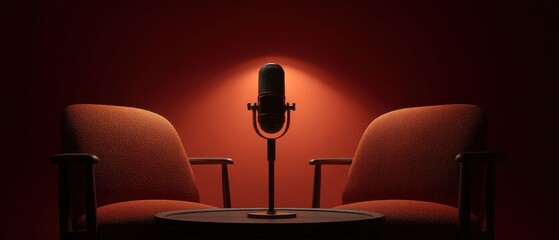 Podcast concept, A modern podcast studio featuring a microphone and two cozy chairs, set against a rich red backdrop, creating an inviting atmosphere for engaging conversations.