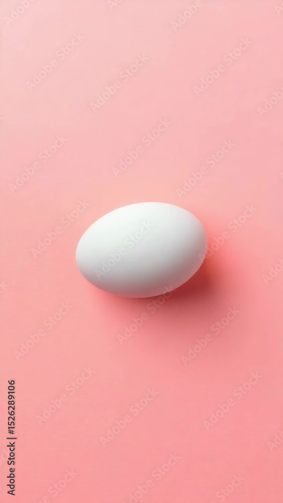 Poster minimalist composition shows a white egg rotating slowly on a vibrant pink background, isolated on w