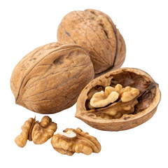 Cracked walnut with two whole walnuts on a white background, isolated and ready for culinary use