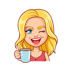 Cheerful woman with blonde hair enjoying a cup of coffee while winking and smiling in a bright, animated style