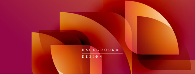 Abstract geometric shapes overlap, creating vibrant orange, red gradients. Design features text background design centrally positioned.