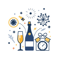 Celebration elements featuring champagne, fireworks, and a gift box for a festive occasion