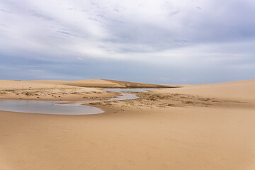 Dunes and lagoons of Atins, Lencois Maranhenses, Barreirinhas, Brazil. White sand dunes with pools of fresh water