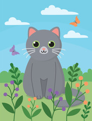 Cute gray cat among flowers and butterflies. Summer illustration of animal sitting on field