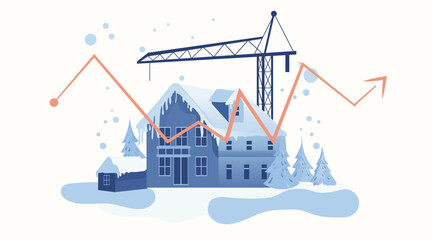 Real estate crisis recession falling housing market graph snowy house construction crane winter landscape economic downturn blue palette banner