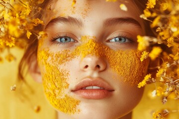 Close-up of a woman with blue eyes enjoying a turmeric facial mask, promoting natural skincare and beauty