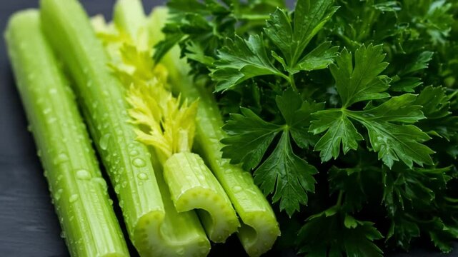 Close up of fresh celery stalks with water droplets and a bunch of parsley on a dark background