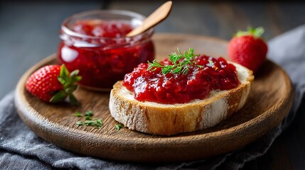 Fresh Strawberry Jam on Toast with Herbs, Served on a Wooden Plate