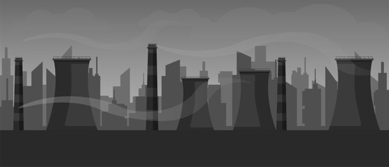 Naklejka premium City skyline showing industrial buildings in a monochrome urban setting with various silhouettes.