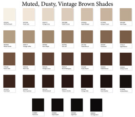 32 Muted and Dusty Brown Shades Color Swatches - 3d Vintage Browns to Dark Deep Tones - with HEX Codes and Names, Colour Palette, Scheme and Gradient