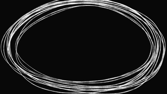 Hand-drawnblack circular frame loop animation. Scribble style white oval border on black background. Looped animation with space for text. Looping animation of white chalk frame.