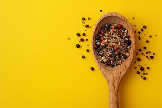 Colorful mix of peppercorns rests in wooden spoon on vibrant yellow background, creating visually appealing culinary scene