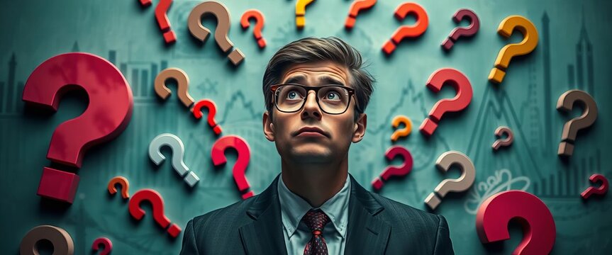 Confused businessman surrounded by question marks, business concept, business,  trouble - Powered by Adobe