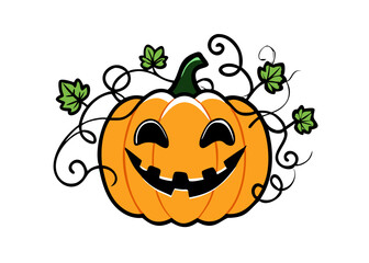 Happy pumpkin with vines and leaves creates a festive autumn atmosphere for Halloween celebrations and activities at local events
