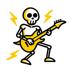 Colorful skeleton rocking out with electric guitar and lightning bolts in a lively music scene
