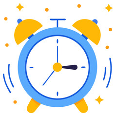 Colorful alarm clock indicating time with bells ringing and sparkles around it to signify urgency and attention during daytime
