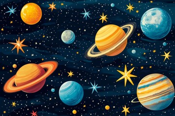 Planets with rings and colorful stars are floating in the dark space, creating a mesmerizing galaxy view