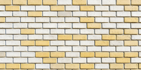 Fototapeta premium Mixed pattern brick wall featuring alternating light beige and golden yellow bricks arranged in traditional masonry bond style.