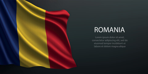 Romania national flag waving on dark background