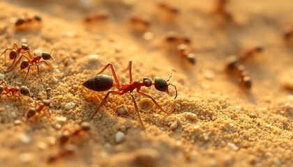 A cinematic macro image showing ants navigating a sunlit, sandy underground tunnel. The warm lighting and realistic textures create a dramatic perspective of ant colony life