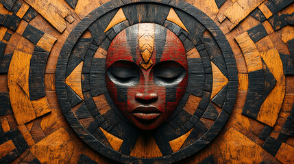 African, wood and graphic with geometric, background and tribal art or wallpaper texture. Traditional, decoration and illustration with 3d, carving and abstract pattern or paint for dynamic shape