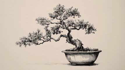 A detailed pen and ink drawing of a bonsai tree in a pot with a light beige colored background