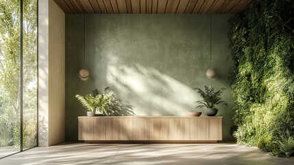 Fresh modern interior with green wall and wooden sideboard, creating serene atmosphere