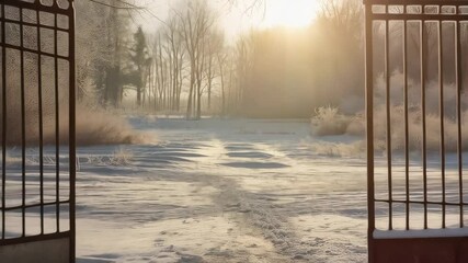 Wrought iron gate slowly swinging open, revealing snow covered park path bathed in golden sunrise light, symbolizing new beginnings and tranquil winter morning