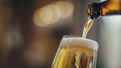 Beer pouring from bottle into glass with foam and bubbles on blurred pub or restaurant background - Powered by Adobe