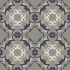 Seamless vintage damask floral tile design in blue and earthy tones, perfect for textile prints and home decor.