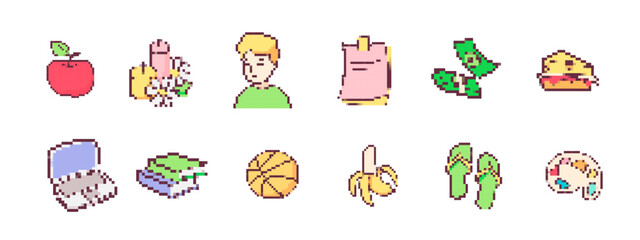 Collection of colorful cartoon icons showcasing pixelated objects, animals, and playful expressions.