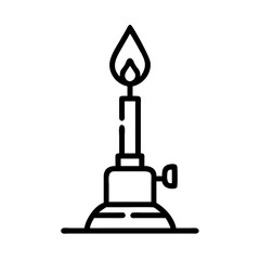 Compact gas torch standing on a flat surface with a visible flame in a well-lit environment