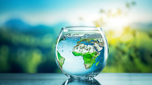 Water day, World in a Glass: A surreal and thought-provoking image of Earth captured within a glass bowl filled with crystal-clear water.