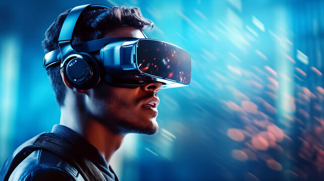 Immersive Technology: A captivating portrait of a man fully engrossed in a virtual reality experience.
