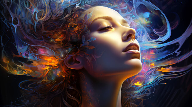 Inner Radiance: A portrait of a woman with closed eyes and a serene expression, bathed in an ethereal glow, symbolizing peace of mind and inner beauty.