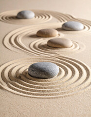 A zen garden with raked sand and smooth stones, representing balance, tranquility, and mindful movement.