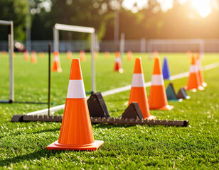 A collection of diverse athletic equipment, like cones and hurdles, organized on a field, hinting at drills and training.