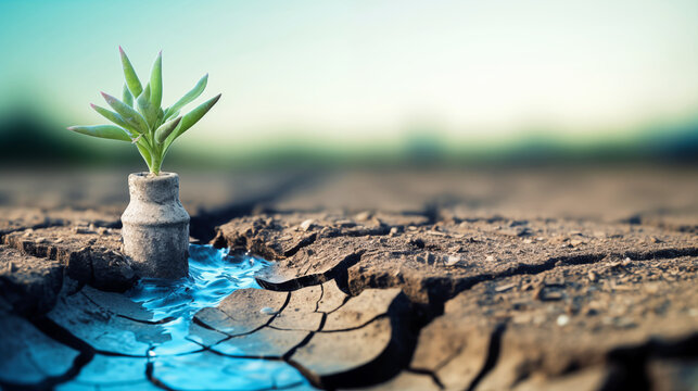Resilience in Bloom: A solitary sprout emerges from cracked earth, symbolizing tenacity and the cycle of life, with a vibrant blue stream nurturing its roots against a blurred backdrop.